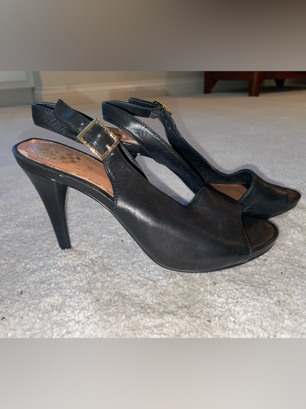 Vince Camuto Black Leather Slingback Peep-Toe Heels with Gold Buckle